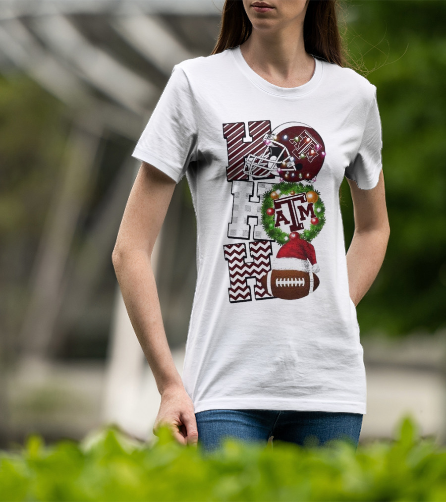 Texas A M Aggies Football Christmas Ho Ho Ho ATM Helmet Wreath Football T-Shirt