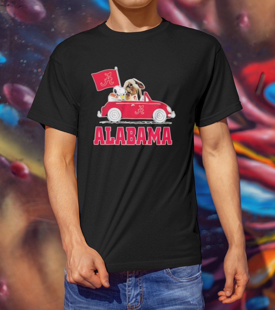Snoopy And Big Al Driving Red Car With Alabama Flag Crimson Tide T-Shirt