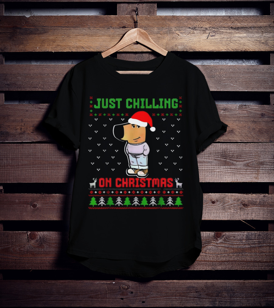 Just Chilling On Christmas Ugly Sweater Santa Hat Dog T-Shirt
