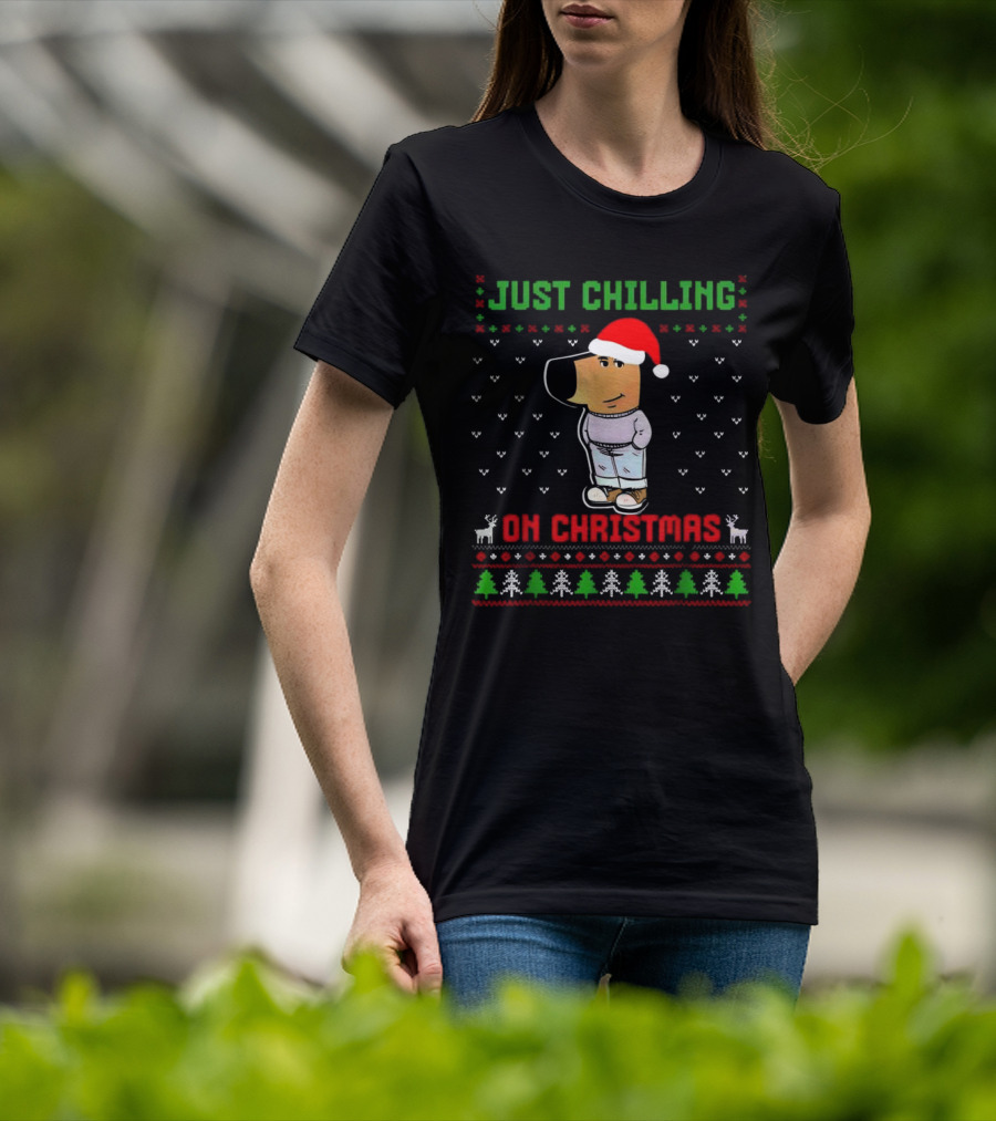Just Chilling On Christmas Ugly Sweater Santa Hat Dog T-Shirt
