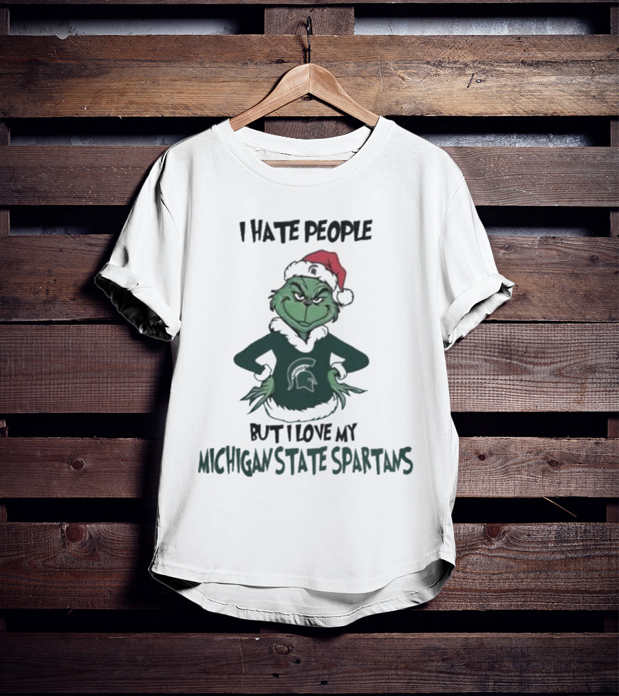 I Hate People But I Love My Michigan State Spartans Grinch Christmas Santa Hat T-Shirt