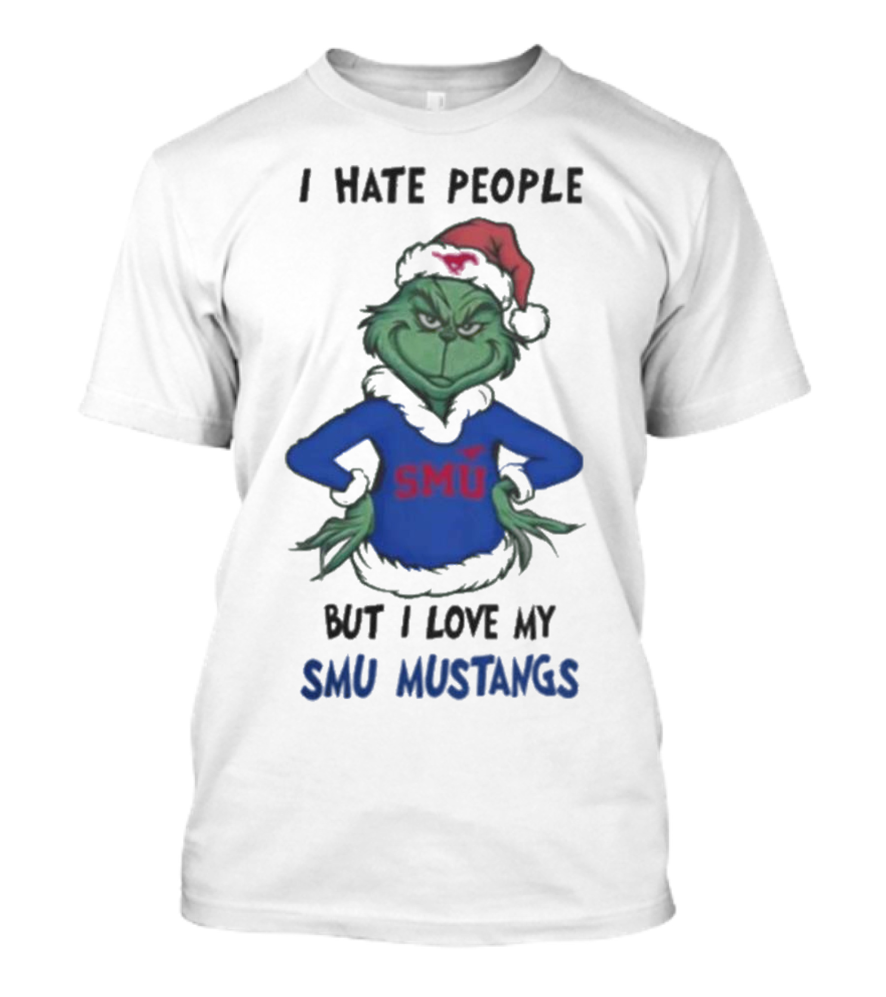 I Hate People But I Love My SMU Mustangs Grinch Santa Hat Christmas T-Shirt