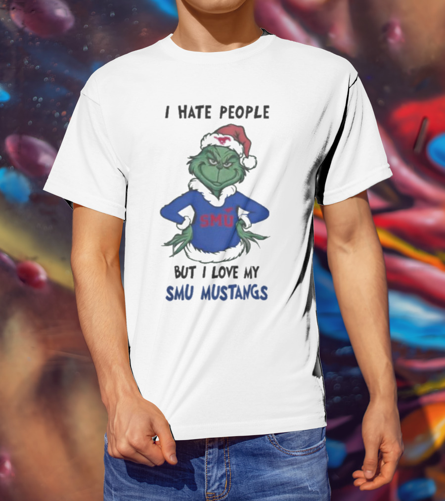 I Hate People But I Love My SMU Mustangs Grinch Santa Hat Christmas T-Shirt
