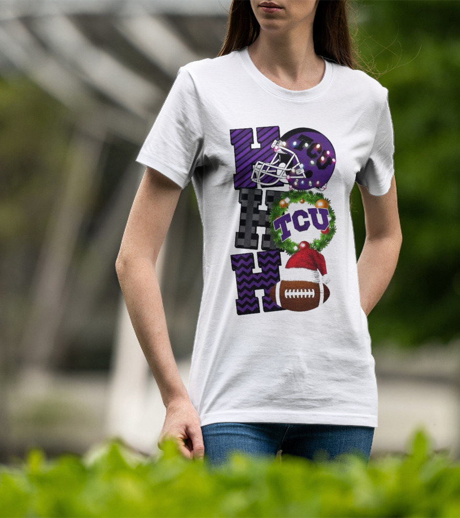 TCU Horned Frogs Football Christmas Ho Ho Ho Helmet And Wreath Game Day T-Shirt