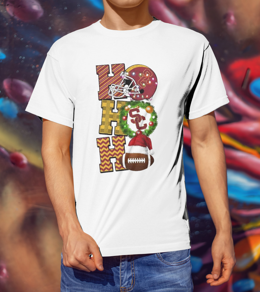 USC Trojans Football Christmas Ho Ho Ho SC Festive Helmet Wreath Game Day T-Shirt