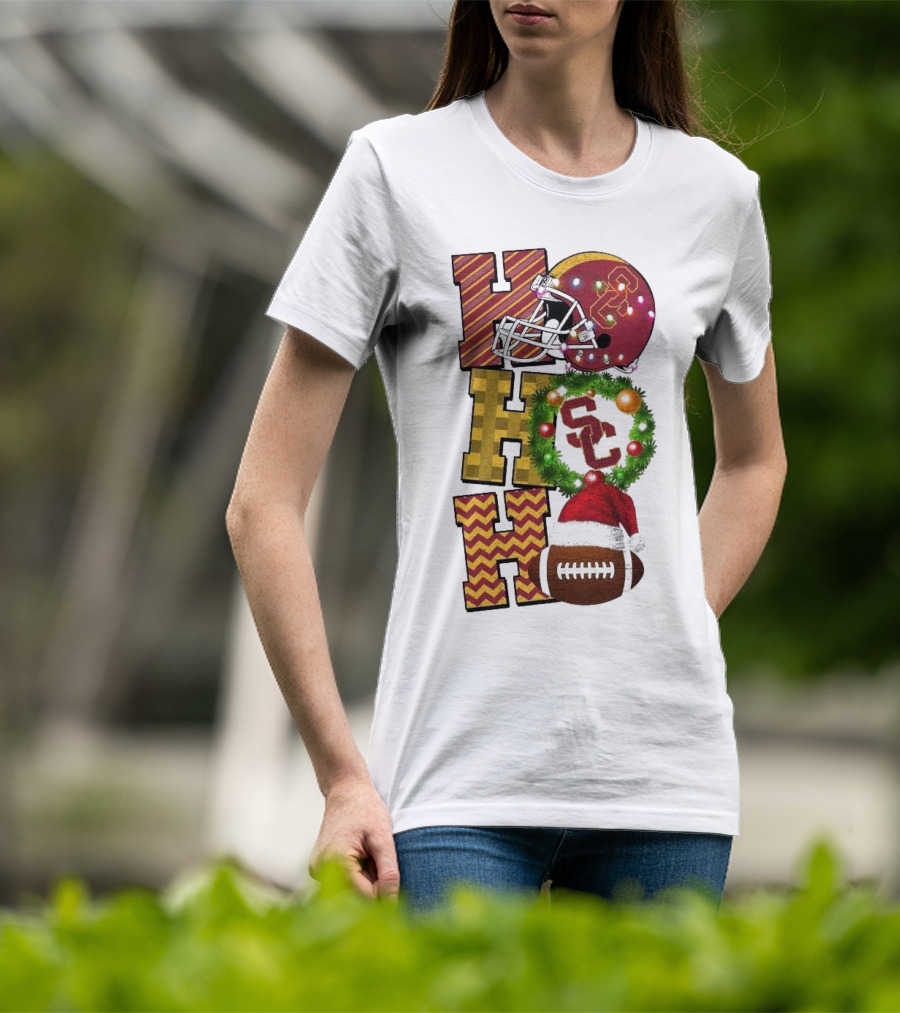 USC Trojans Football Christmas Ho Ho Ho SC Festive Helmet Wreath Game Day T-Shirt