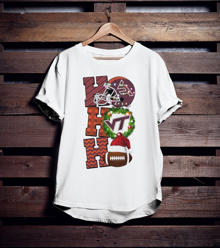 Virginia Tech Hokies Football Christmas Ho Ho Ho VT Helmet Wreath Game Day T-Shirt