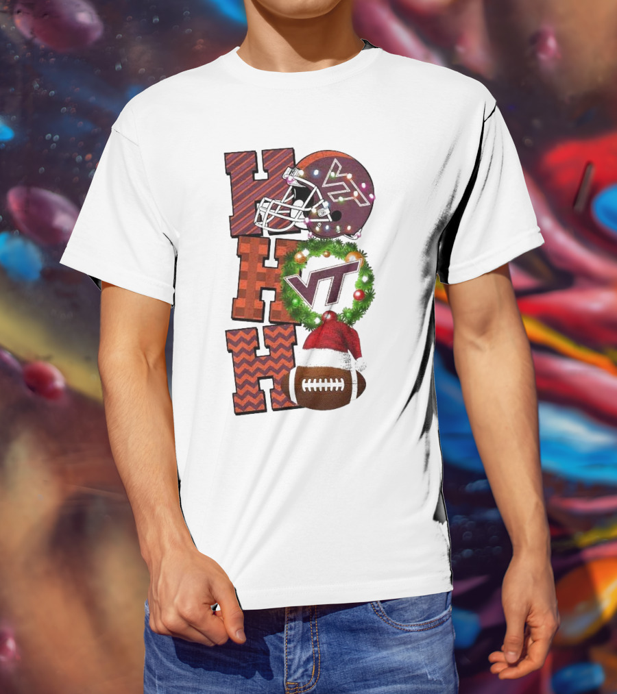 Virginia Tech Hokies Football Christmas Ho Ho Ho VT Helmet Wreath Game Day T-Shirt