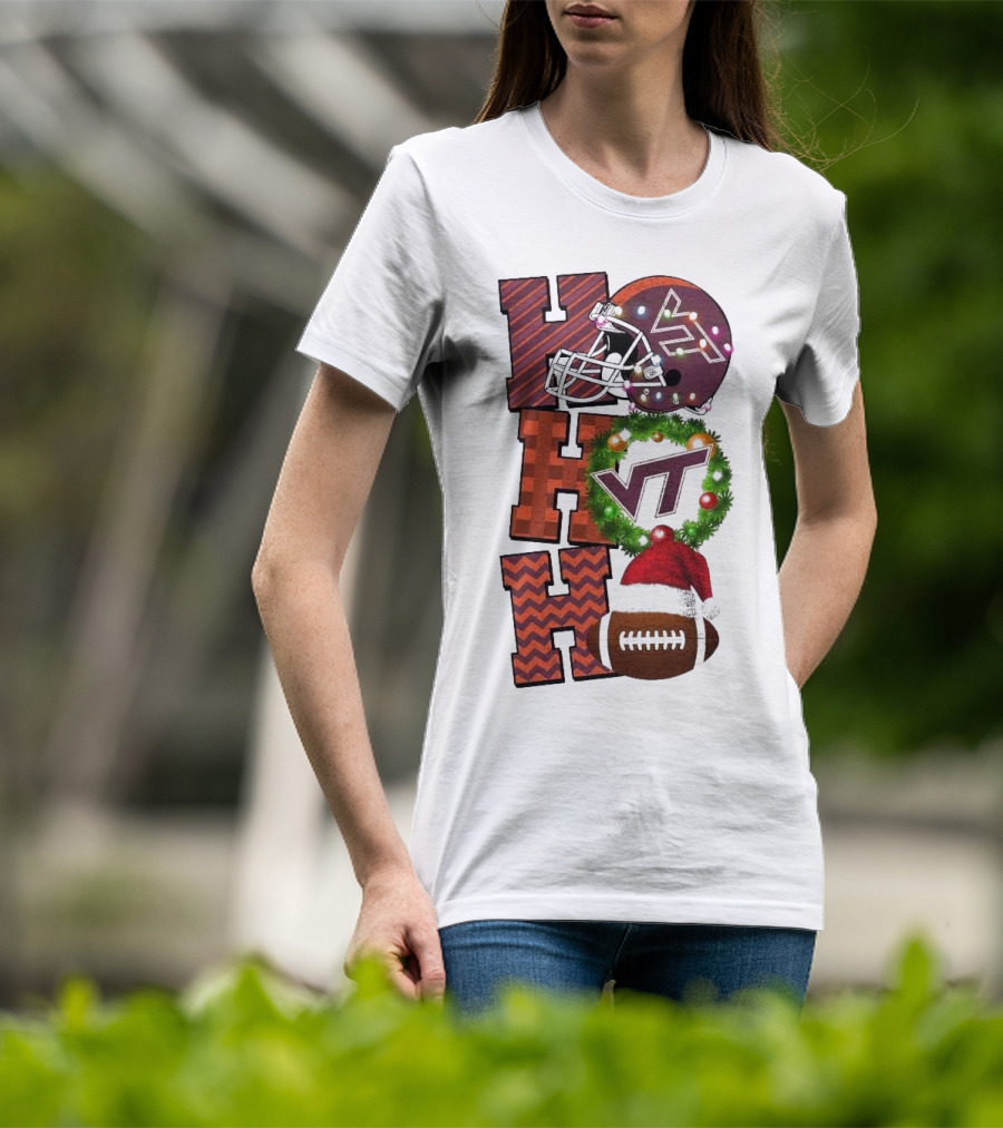 Virginia Tech Hokies Football Christmas Ho Ho Ho VT Helmet Wreath Game Day T-Shirt