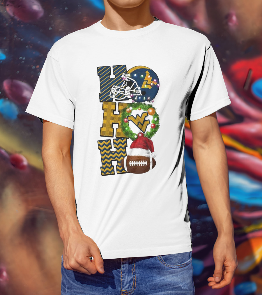 West Virginia Mountaineers Football Christmas Ho Ho Ho Helmet Wreath Santa Hat Game Day T-Shirt