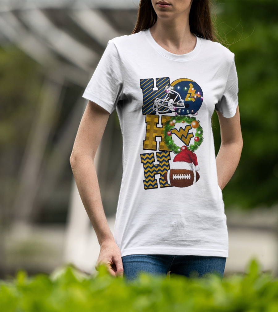 West Virginia Mountaineers Football Christmas Ho Ho Ho Helmet Wreath Santa Hat Game Day T-Shirt