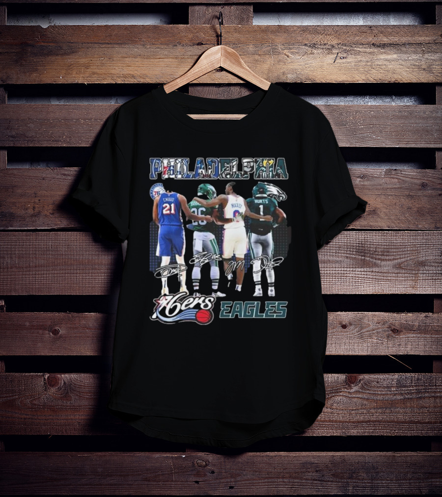 Philadelphia 76ers Joel Embiid And Philadelphia Eagles Sanders Hurts Collaborative Signature T-Shirt