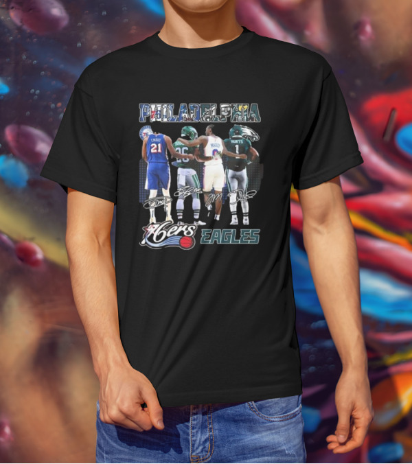 Philadelphia 76ers Joel Embiid And Philadelphia Eagles Sanders Hurts Collaborative Signature T-Shirt