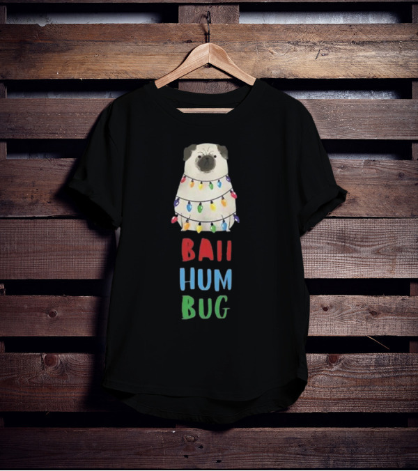 Vito The Pug Wrapped In Christmas Lights Bah Hum Bug T-Shirt