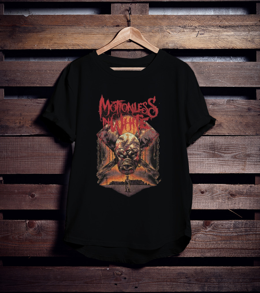 Motionless In White Slaughterhouse Horror Mask Chains Crossed Axes T-Shirt