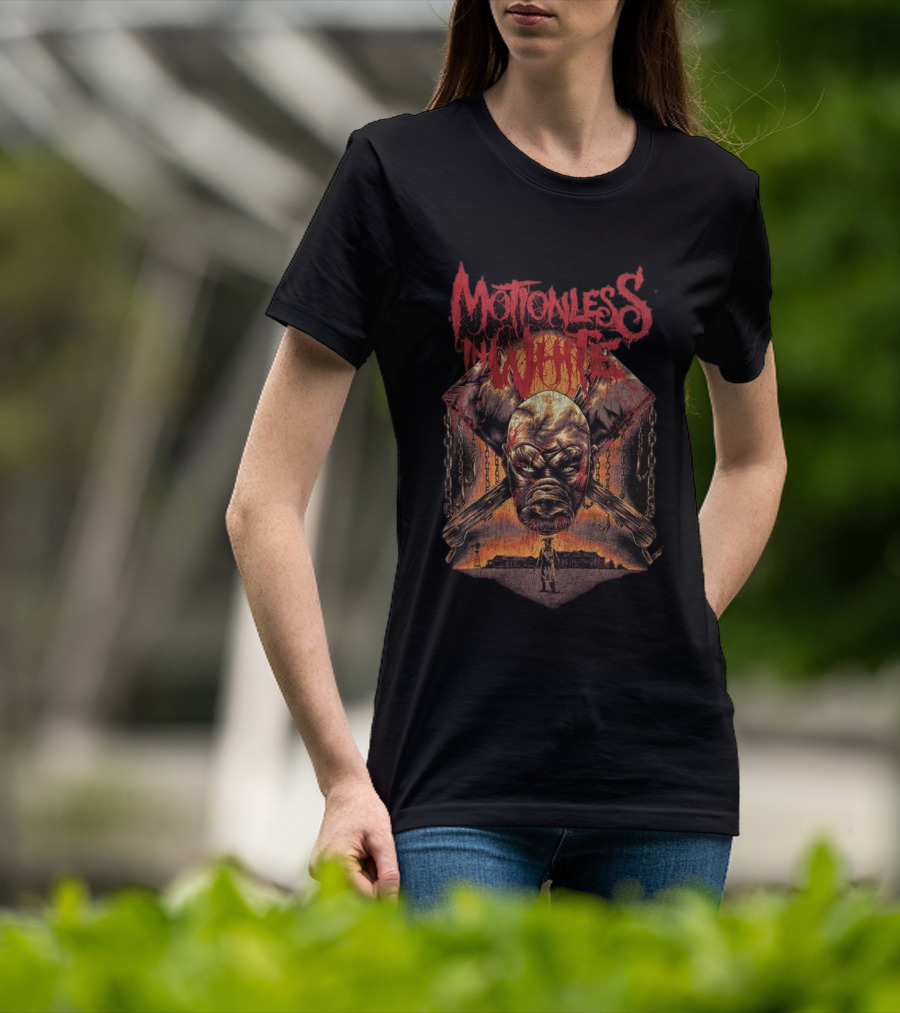 Motionless In White Slaughterhouse Horror Mask Chains Crossed Axes T-Shirt