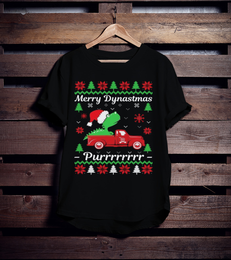 Merry Dynastmas Dinosaur Santa Hat Red Truck Ugly Christmas Purrrrrrrr T-Shirt
