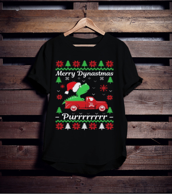 Merry Dynastmas Dinosaur Santa Hat Red Truck Ugly Christmas Purrrrrrrr T-Shirt