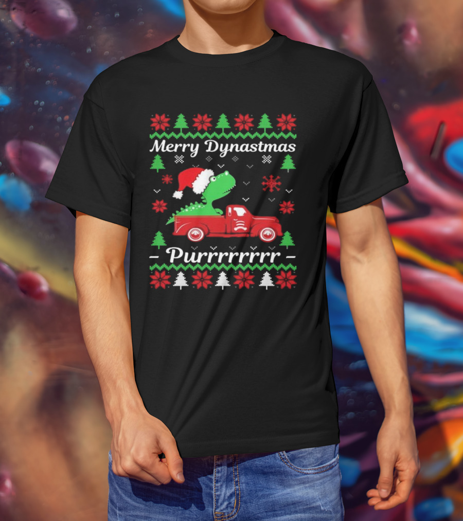 Merry Dynastmas Dinosaur Santa Hat Red Truck Ugly Christmas Purrrrrrrr T-Shirt