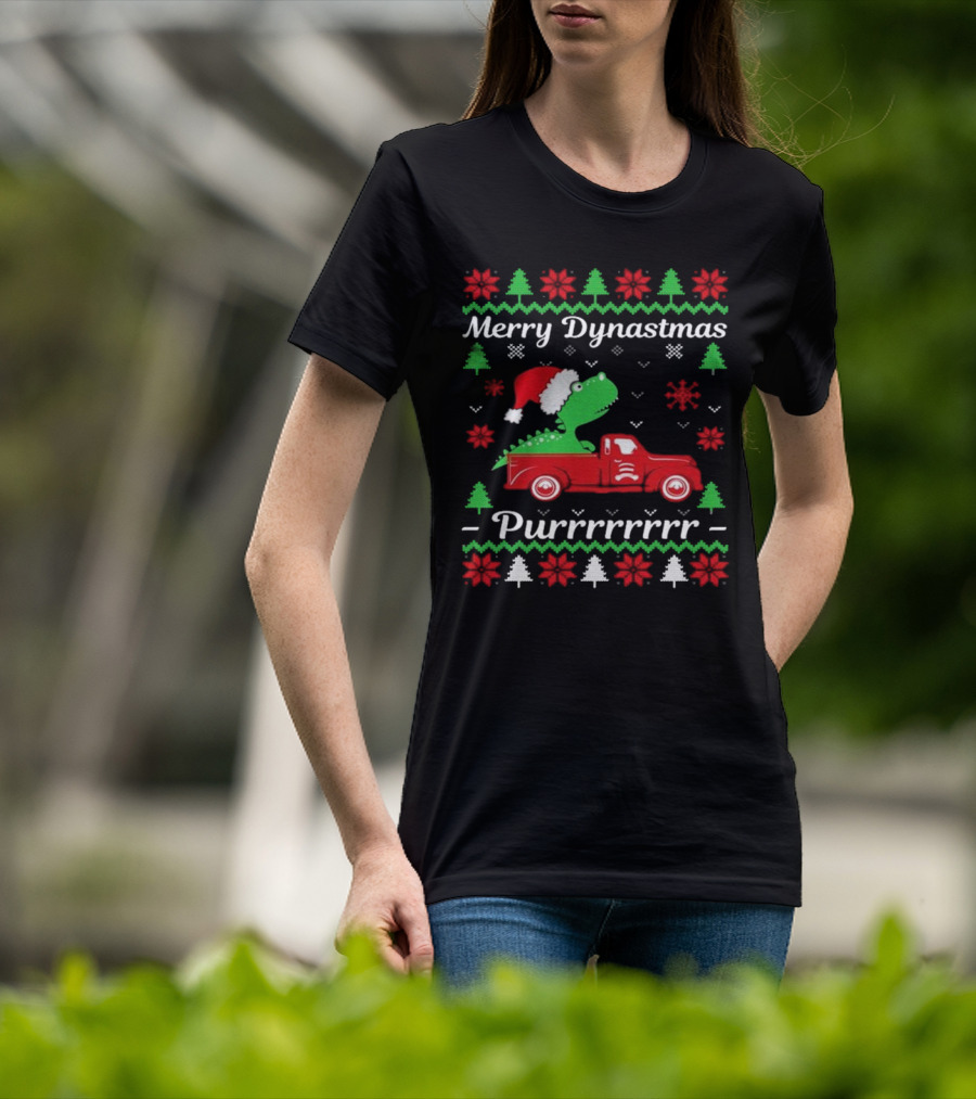 Merry Dynastmas Dinosaur Santa Hat Red Truck Ugly Christmas Purrrrrrrr T-Shirt