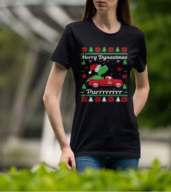 Merry Dynastmas Dinosaur Santa Hat Red Truck Ugly Christmas Purrrrrrrr T-Shirt
