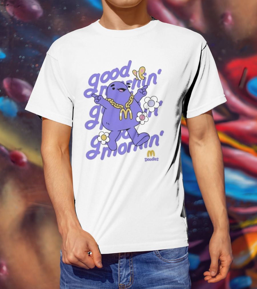Good Mornin’ Grimace Doodles McDonald’s Butterfly Flowers T-Shirt