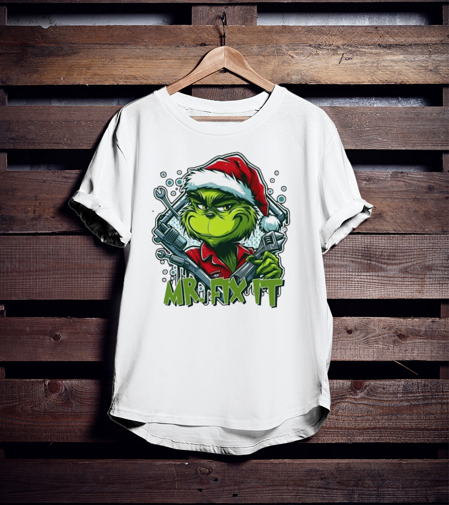 Mr. Fix It Grinch Merry Christmas Santa Hat Wrench Holiday T-Shirt