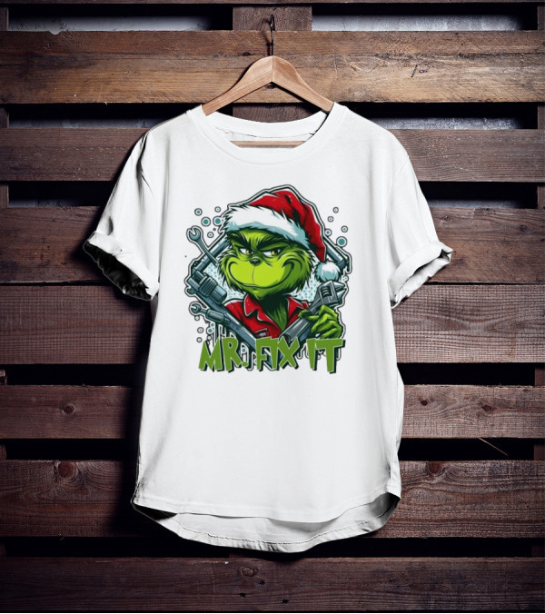 Mr. Fix It Grinch Merry Christmas Santa Hat Wrench Holiday T-Shirt