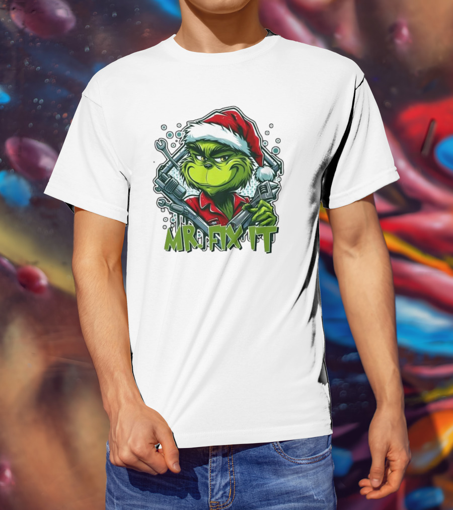 Mr. Fix It Grinch Merry Christmas Santa Hat Wrench Holiday T-Shirt