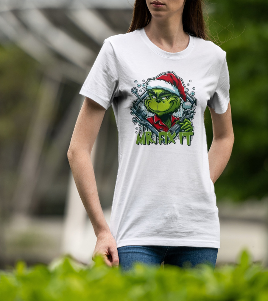 Mr. Fix It Grinch Merry Christmas Santa Hat Wrench Holiday T-Shirt