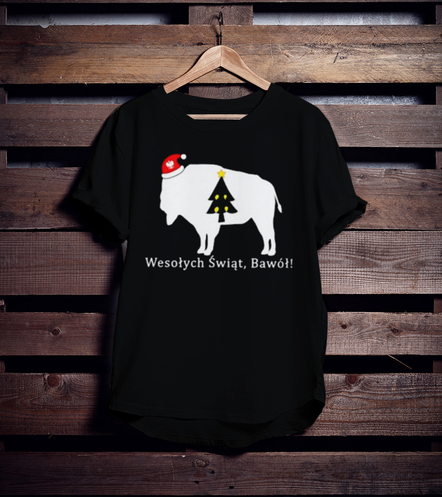 Merry Christmas Buffalo Wesolych Swiat Bawol Santa Hat Christmas Tree T-Shirt