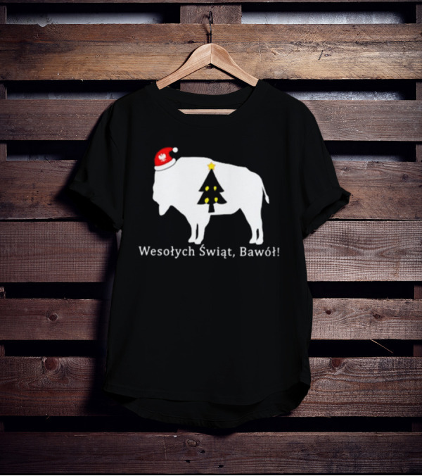 Merry Christmas Buffalo Wesolych Swiat Bawol Santa Hat Christmas Tree T-Shirt