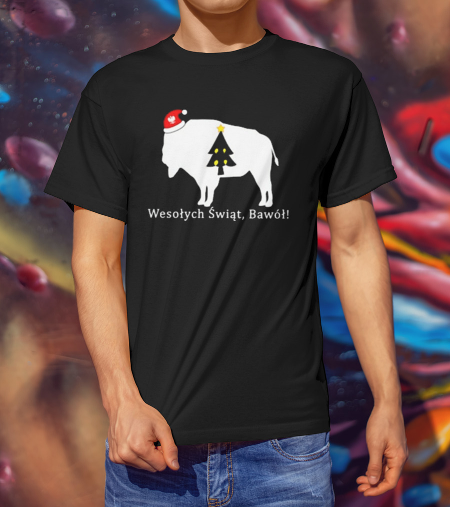 Merry Christmas Buffalo Wesolych Swiat Bawol Santa Hat Christmas Tree T-Shirt
