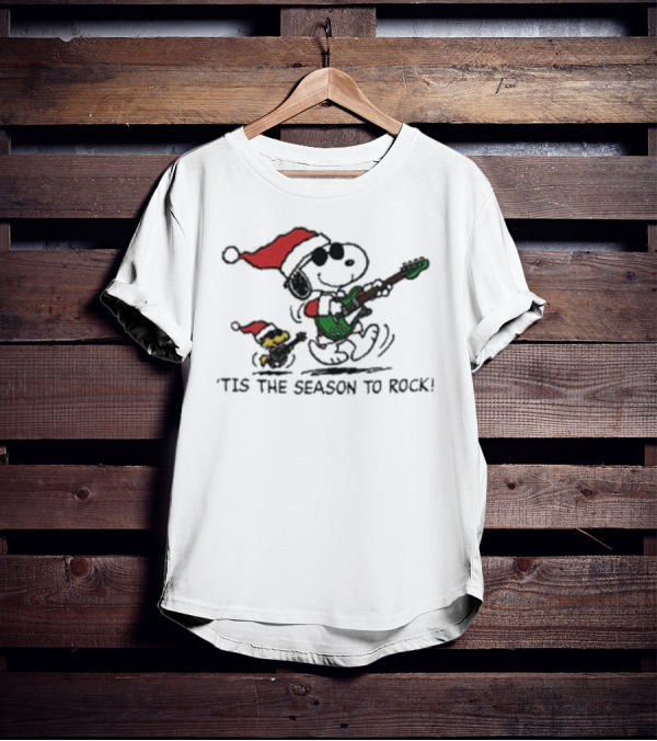 Peanuts Snoopy And Woodstock Christmas Tis The Season To Rock Santa Hat Guitar T-Shirt