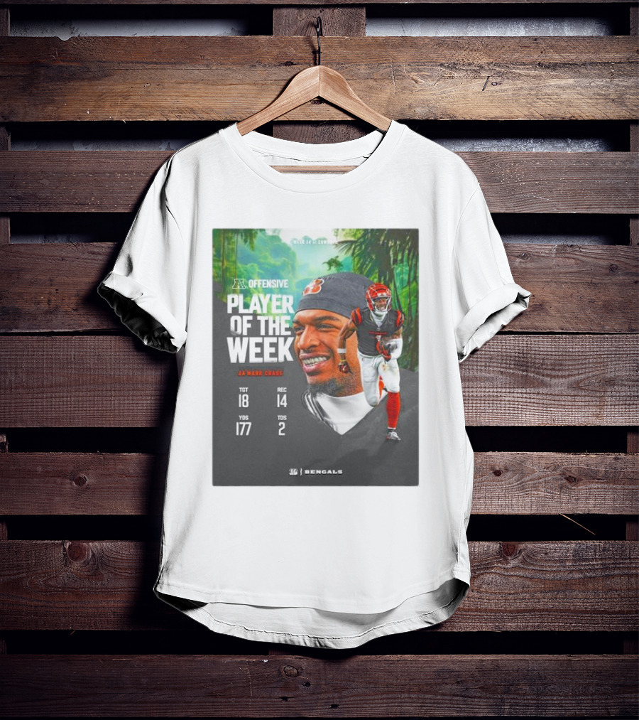 Ja’Marr Chase Cincinnati Bengals AFC Offensive Player Of The Week TGT 18 REC 14 YDS 177 TDS 2 Bengals T-Shirt