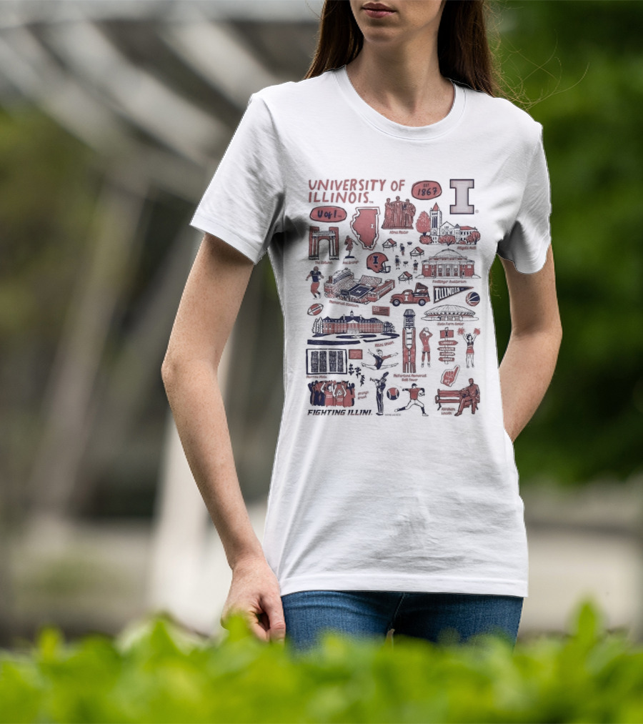 University Of Illinois Fighting Illini Est 1867 Alma Mater Memorial Stadium Assembly Hall Foellinger Auditorium Wright Street T-Shirt