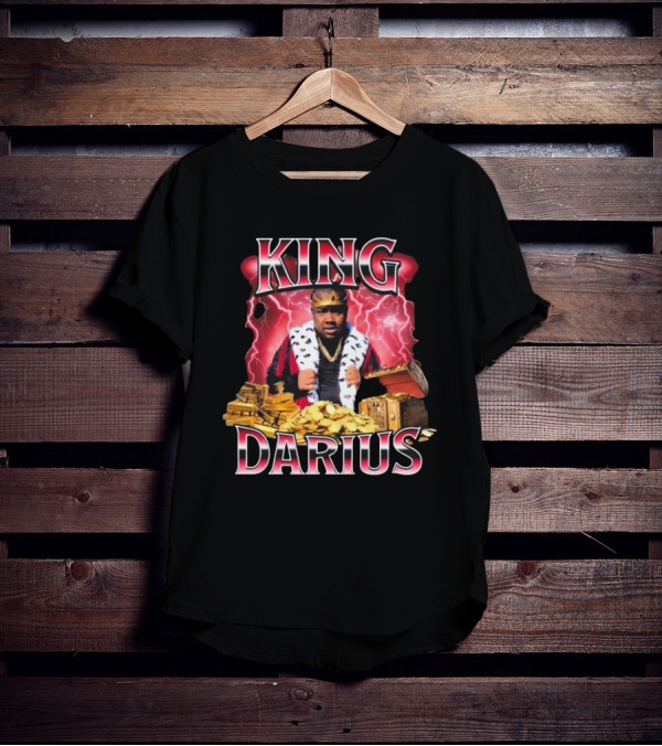 King Darius Royal Gold Treasure With Crown And Lightning Background T-Shirt