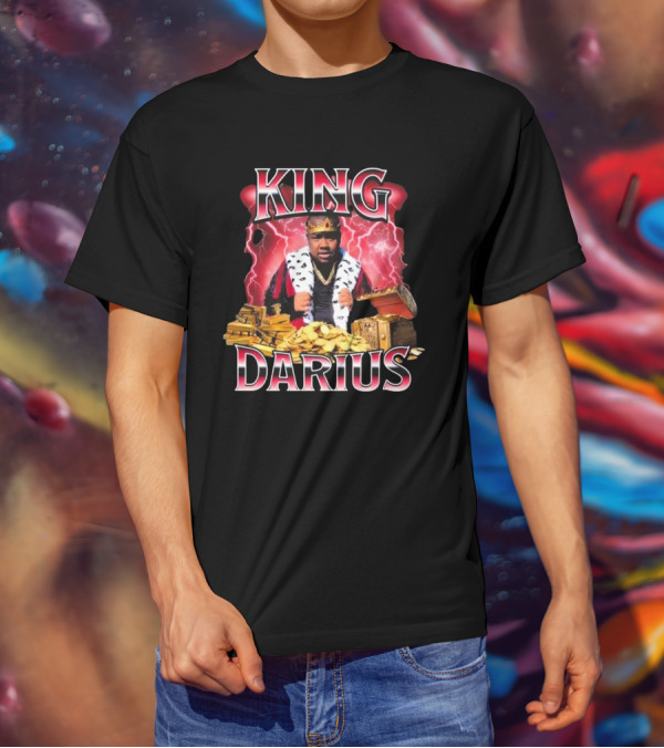 King Darius Royal Gold Treasure With Crown And Lightning Background T-Shirt
