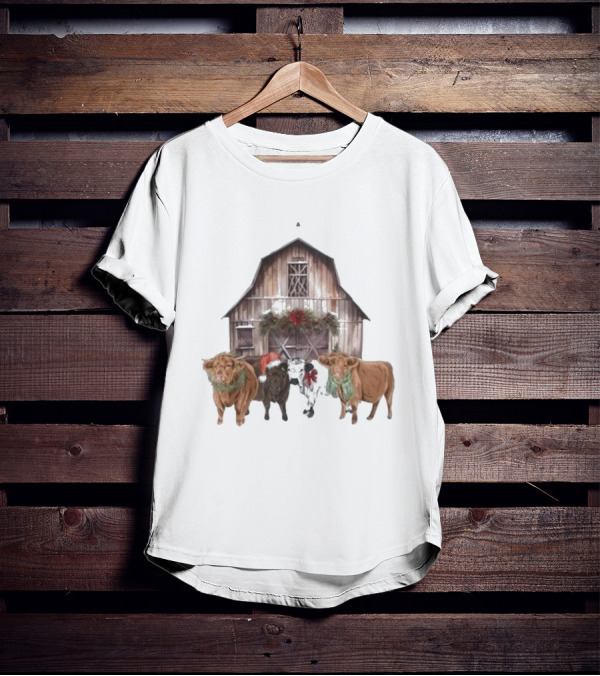 Katie Van Slyke Christmas Cows Barn Holiday Scene By Katie Van Slyke T-Shirt