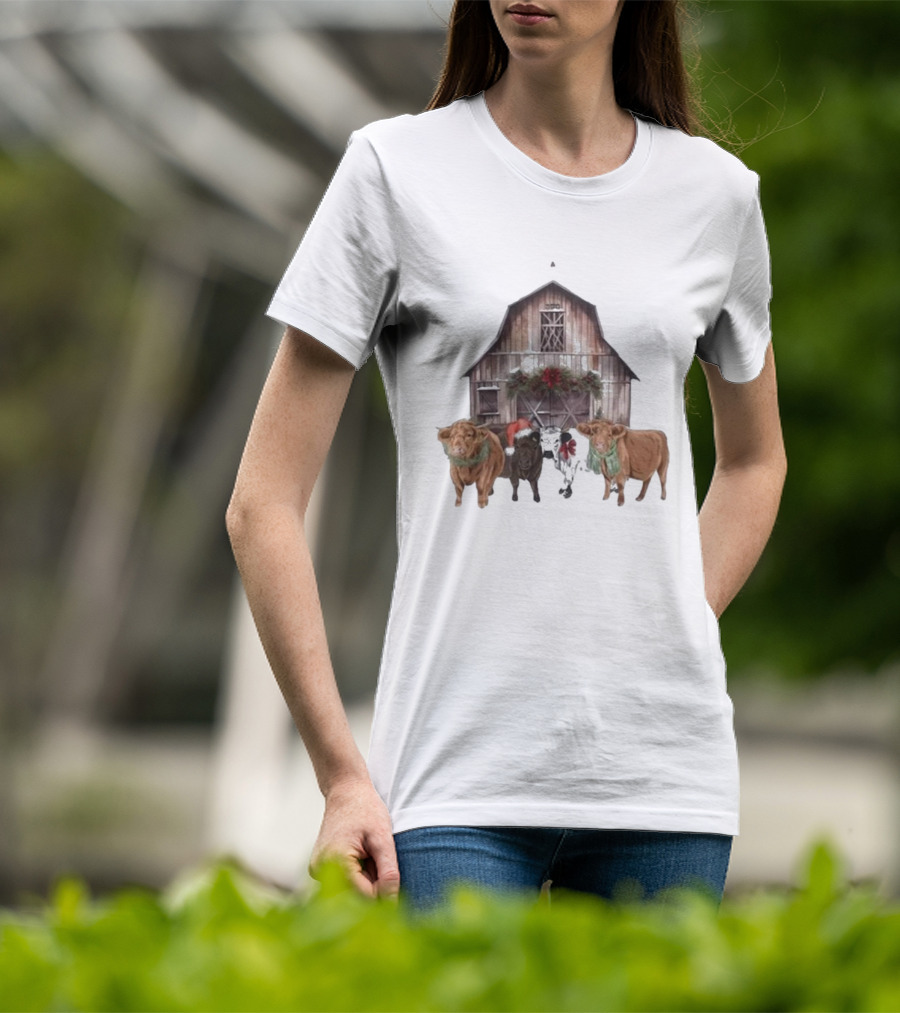 Katie Van Slyke Christmas Cows Barn Holiday Scene By Katie Van Slyke T-Shirt