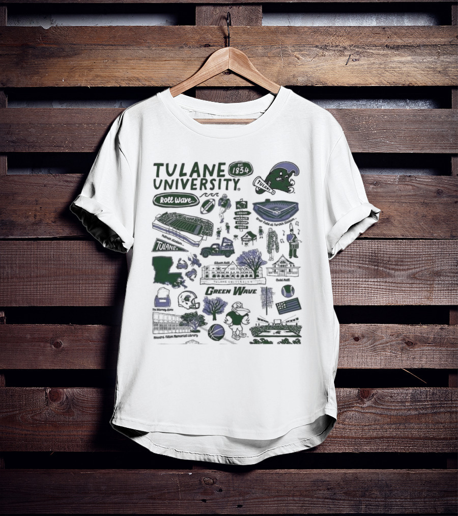 Tulane University Green Wave Roll Wave New Orleans Landmarks Est 1834 Tulane Stadium Riptide Mascot Iconography T-Shirt