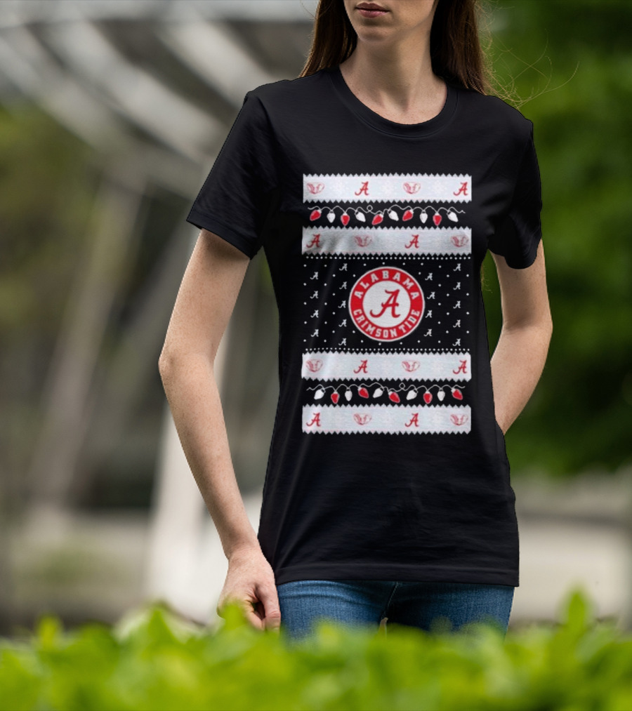Alabama Crimson Tide A Repeated Pattern Christmas Lights Sweater Holiday T-Shirt