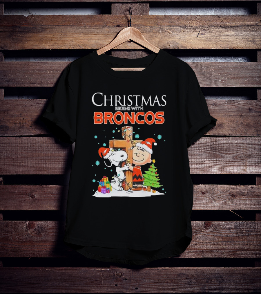 Christmas Begins With Broncos Charlie Brown Snoopy Hug Cross T-Shirt