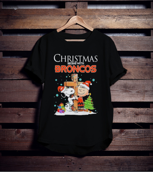 Christmas Begins With Broncos Charlie Brown Snoopy Hug Cross T-Shirt