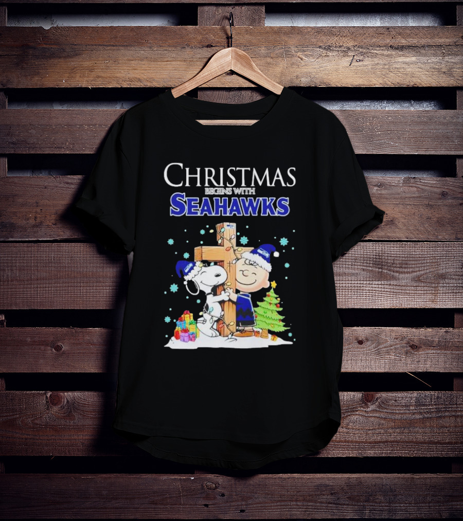 Christmas Begins With Seahawks Charlie Brown Snoopy Jesus Cross T-Shirt