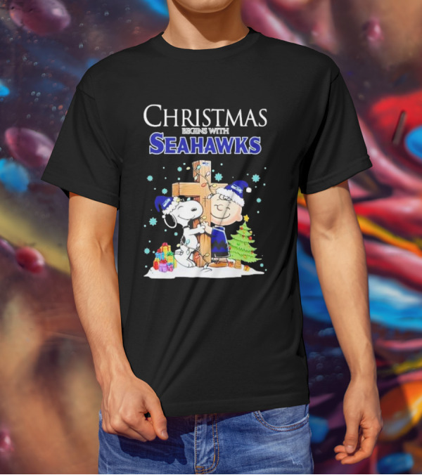 Christmas Begins With Seahawks Charlie Brown Snoopy Jesus Cross T-Shirt