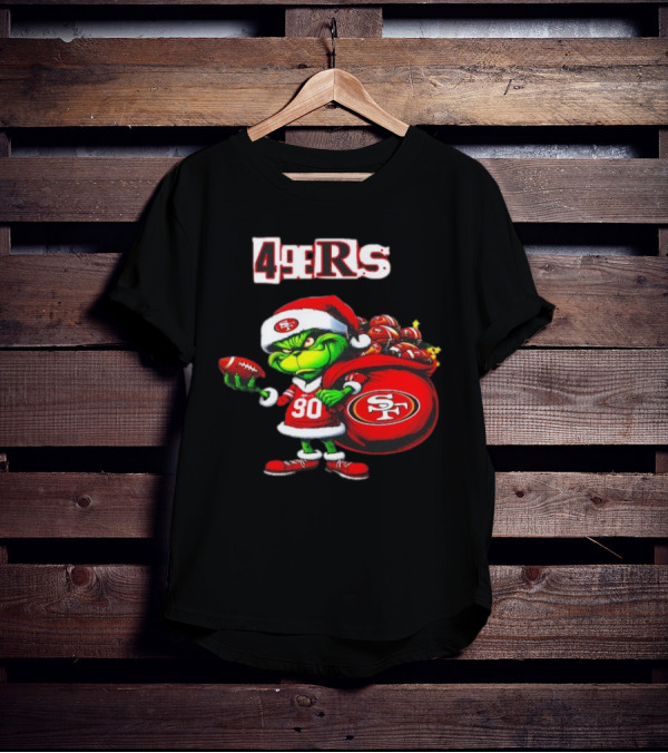 San Francisco 49ers Grinch With Santa Hat And Football Sack Christmas T-Shirt