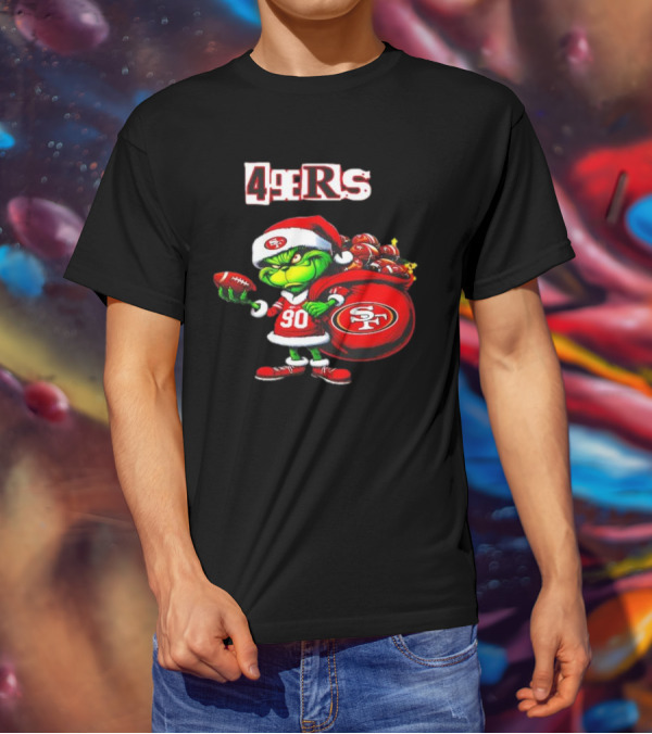 San Francisco 49ers Grinch With Santa Hat And Football Sack Christmas T-Shirt