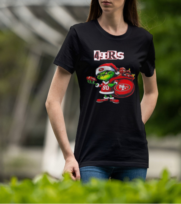 San Francisco 49ers Grinch With Santa Hat And Football Sack Christmas T-Shirt