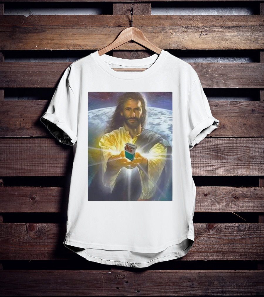 Jesus Offering Marlboro Cigarettes On Cosmic Background T-Shirt